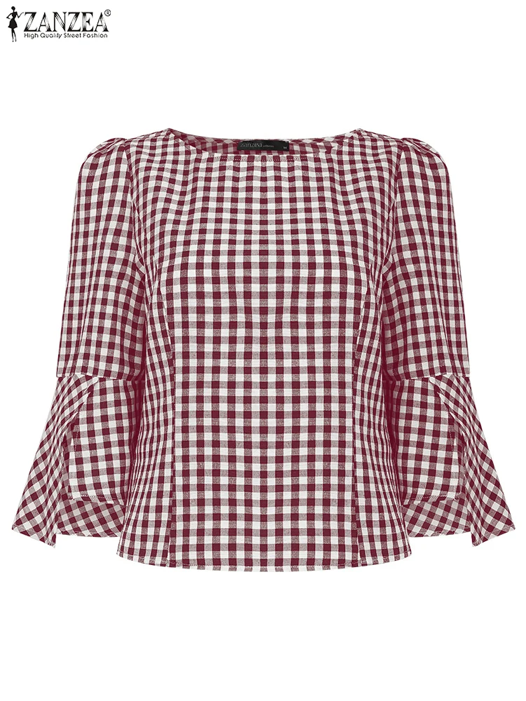 

ZANZEA 2025 Spring Blouse Women Plaid Pullover Split 3/4 Flare Sleeve Tops Casual OL Work Tunic Fashion Oversized Loose Tops