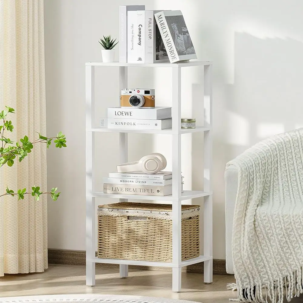 

4 Tier Tall Wooden Bookshelf With Storage - Small White Bookcase For Small Spaces, Small Shelf For Living Room, Office,