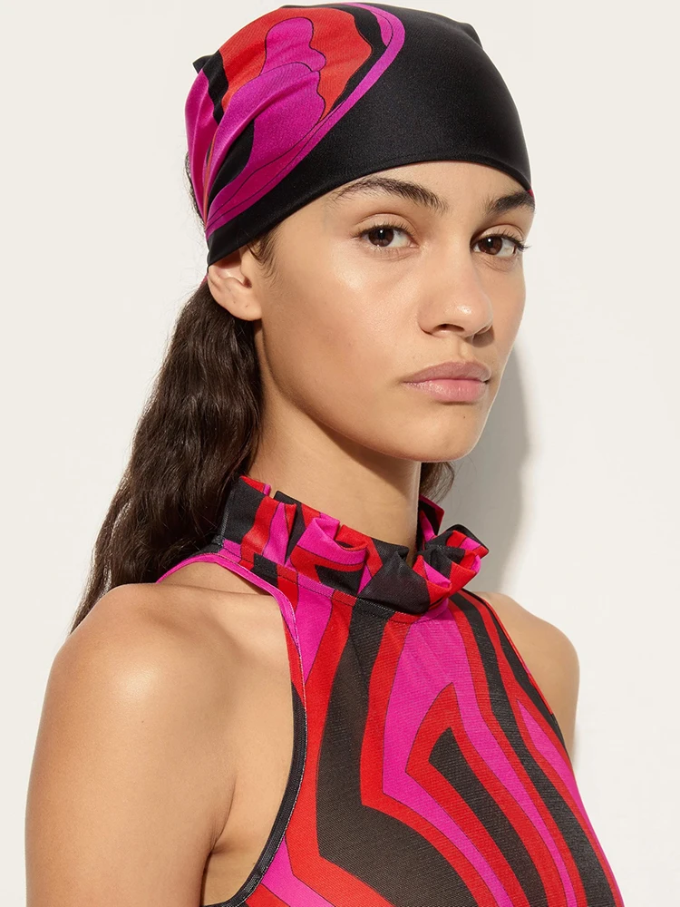 

Summer Fashion Beach Style Resort Sunscreen Geometric Print Silk Headscarf Women's Triangle Decoration Lace-Up Headscarf