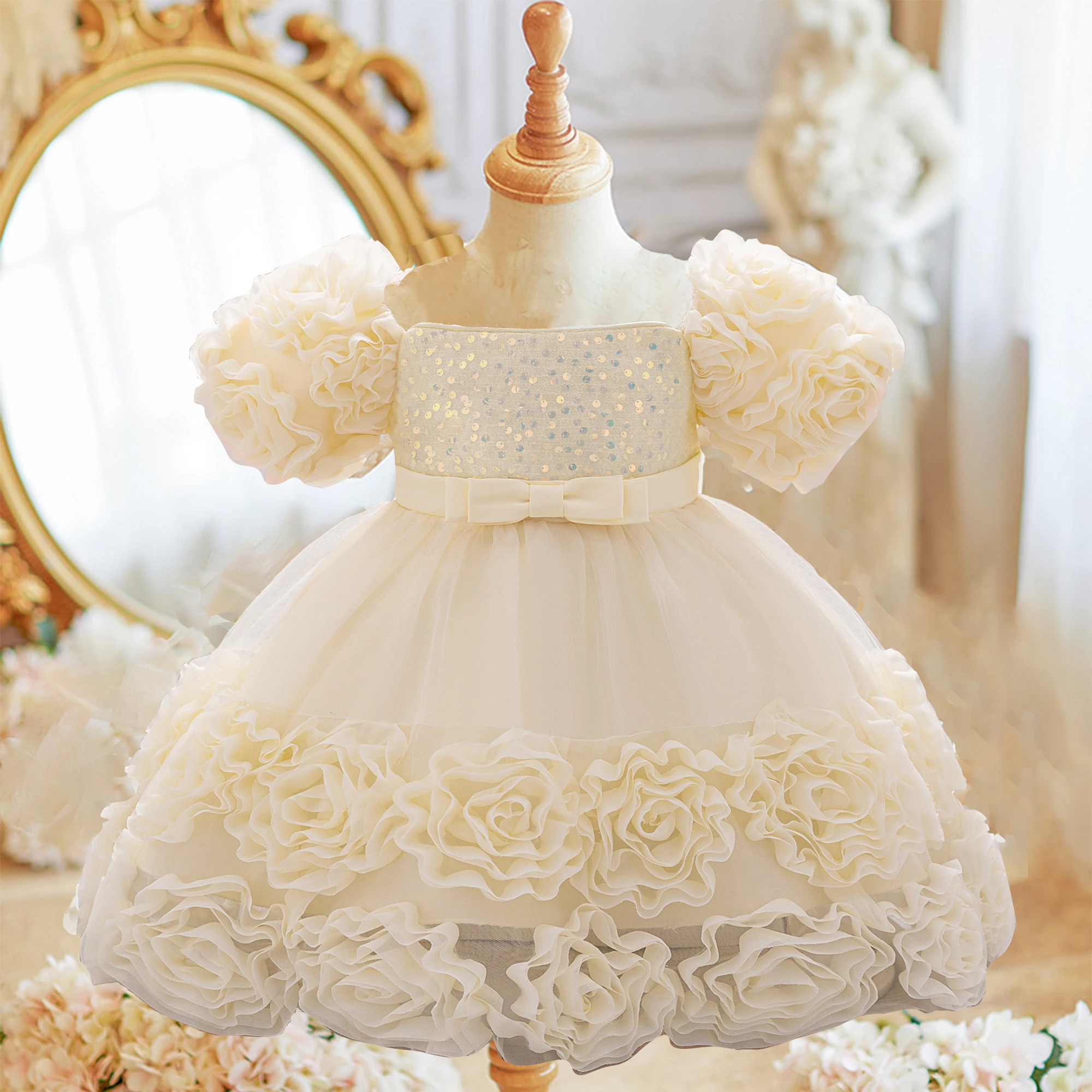 Girls Sequin Shining Princess Party Dress Baby Girl 1st Birthday Tutu Gown Kids Floral Wedding Fashion Dresses Toddler New Wear