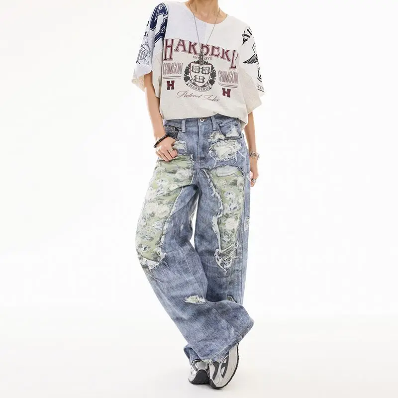 Mr. WH American Retro Print Wide Leg Denim Jeans Unisex Summer Autumn New Style 3D Design Casual Small Audience High Waist Wa...