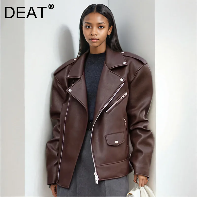 DEAT 2024 الشتاء موضة الشارع الشهير رشاقته بولي Leather سترة جلدية طويلة الأكمام التلبيب فتاة باردة مزاجه سستة الجلد المدبوغ معطف 16O3412