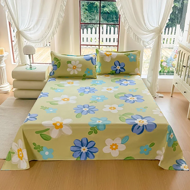 3PCS Plain Solid Color Bed Flat Sheet Set with Pillowcase Top Sheets for Single Queen King Size Flat Bed Linen Home Bedding