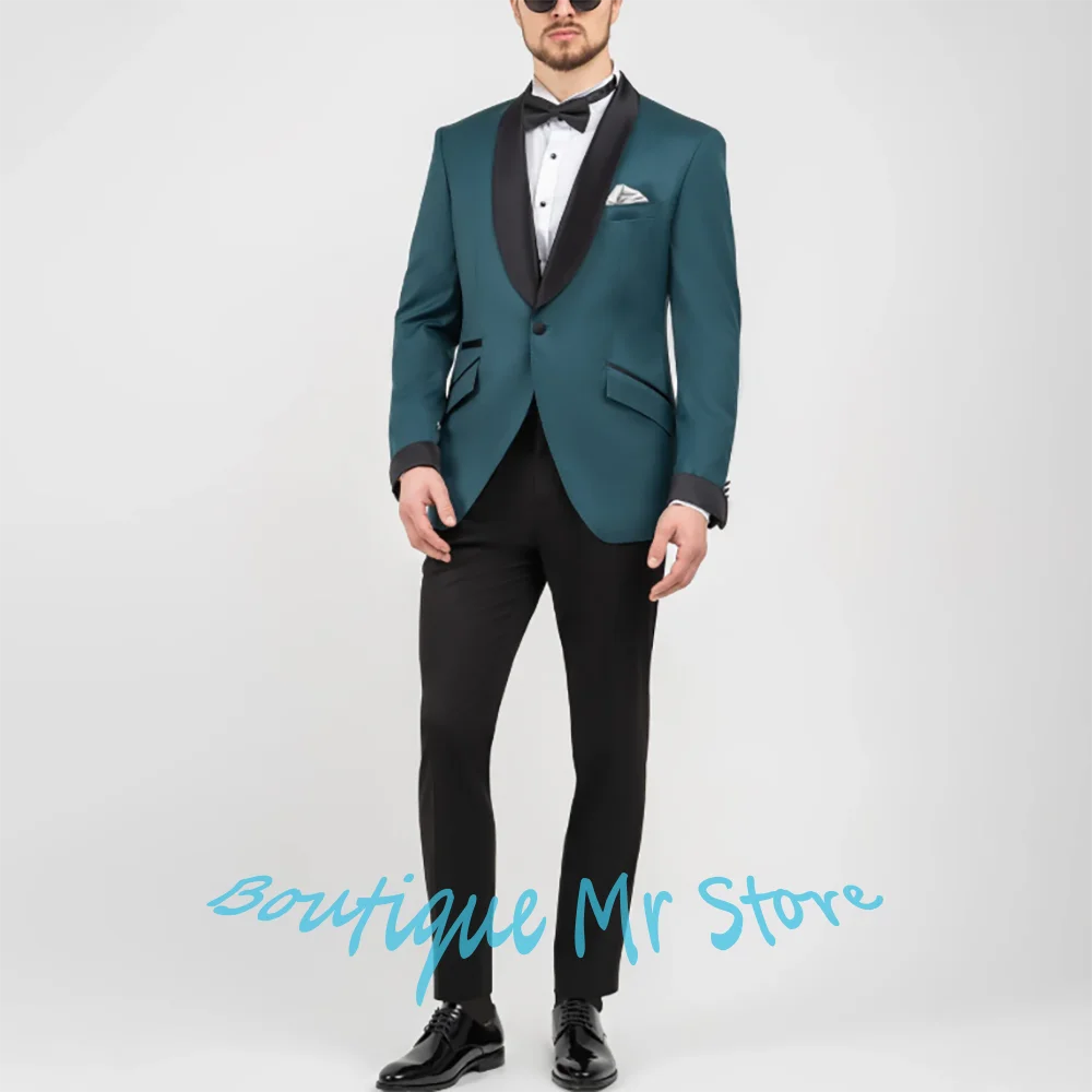 

Smart Man Green Single Button Jacket with Black Stain Shawl Lapel 2Piece Pants Set Formal Wedding Suit Stylish Groom's Attire