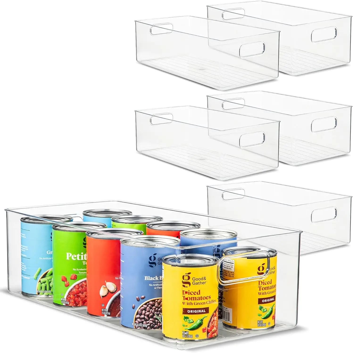 Plastic Food Storage 6 Pack Clear Container Bin With Handles For Organizing Kitchen, Pantry, Refrigerator, Freezer, Pantry,