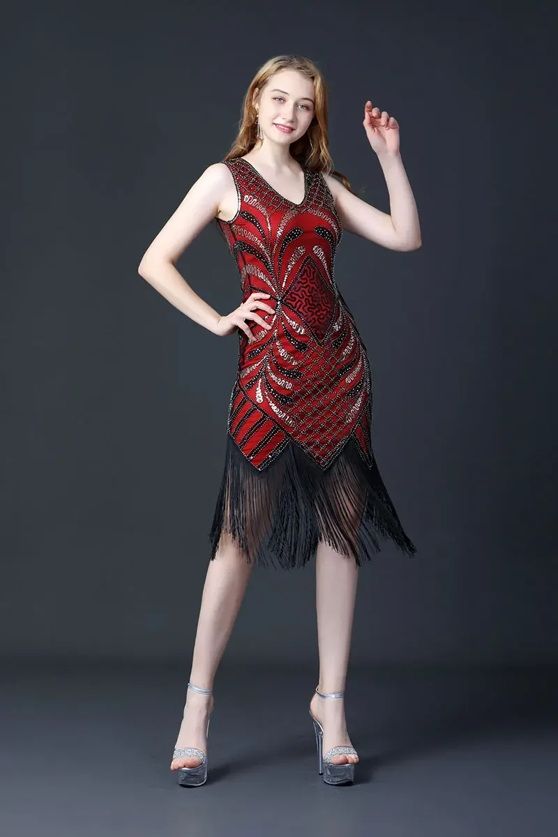 Women V-Neck Sleeveless Latin Dress Evening Party Costumes for Women 1920s Sequin Beaded Latin Costume  Stage Dance Costume