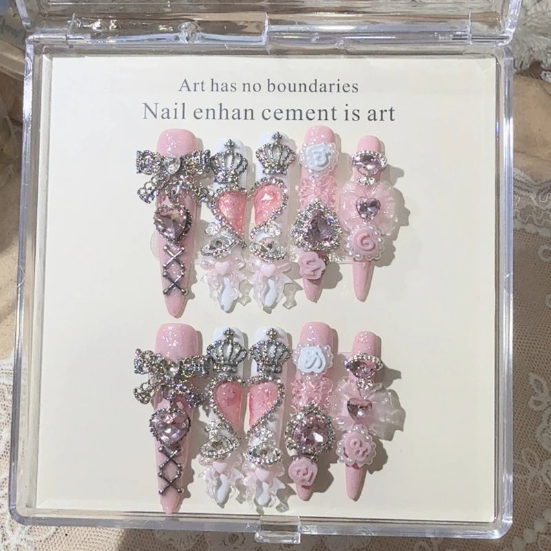 Handmade Stiletto False Nails Pink Shimmer 3D Crystal Crown Lace Bow Rose Charm Luxury Sweet Princess Press On Nails For Party