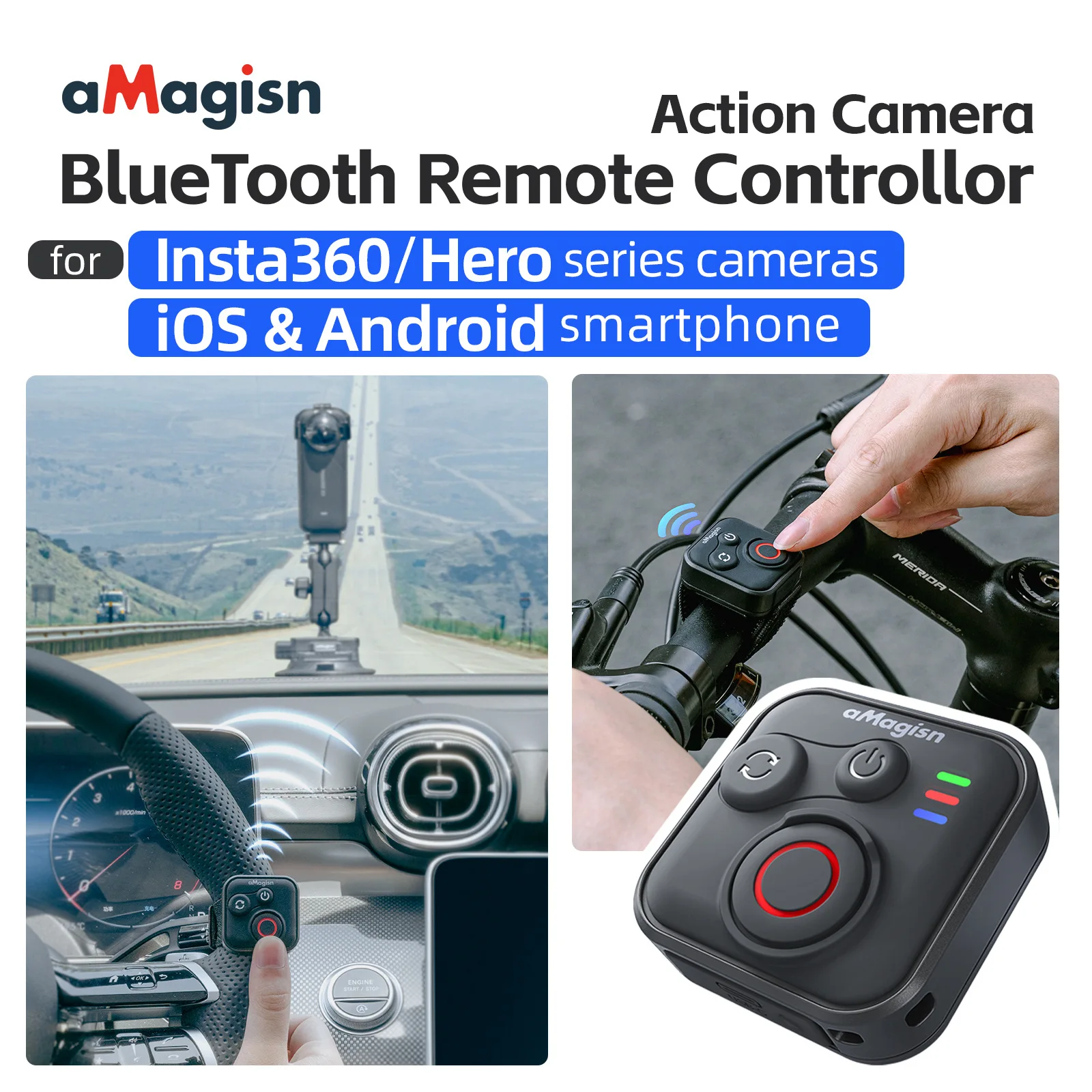AMagisn Bluetooth Shutter Remote for Action Cameras, 50m Range & 96H Battery Remote Control for GoPro Insta360 Accessories