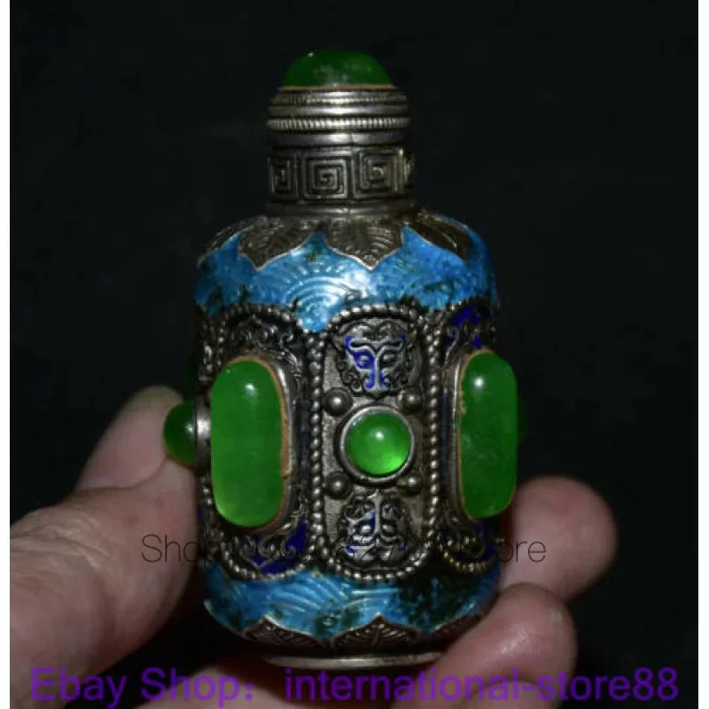 

3-Inch Rare Old Chinese Cloisonne Silver Inlaid Green Jade Gem Lion's Head Snuff Bottle