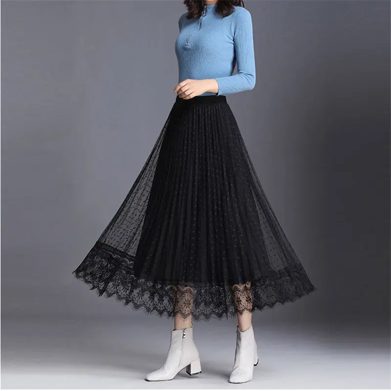 2022 Autumn Winter Women Korean Fashion Vintage Lace Long Tulle Skirts Office Lady High Waist Polka Dots Mesh Pleated Midi Skirt