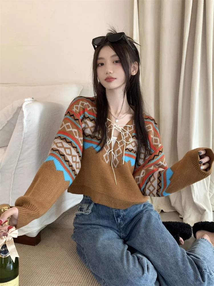 Vintage Sweaters Women Lace-up Elegant Cozy V-neck Trendy Ladies BF Style Pullovers Ulzzang Knitwear Classic High Street Autumn