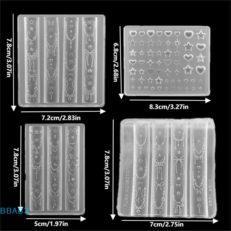 【B】4Pcs Cute Bowknot Ribbon Chain Nails Silicone Heart 3d Nail Mold Nail Art Decorations Silicone Pentagram Nail Art Accessories