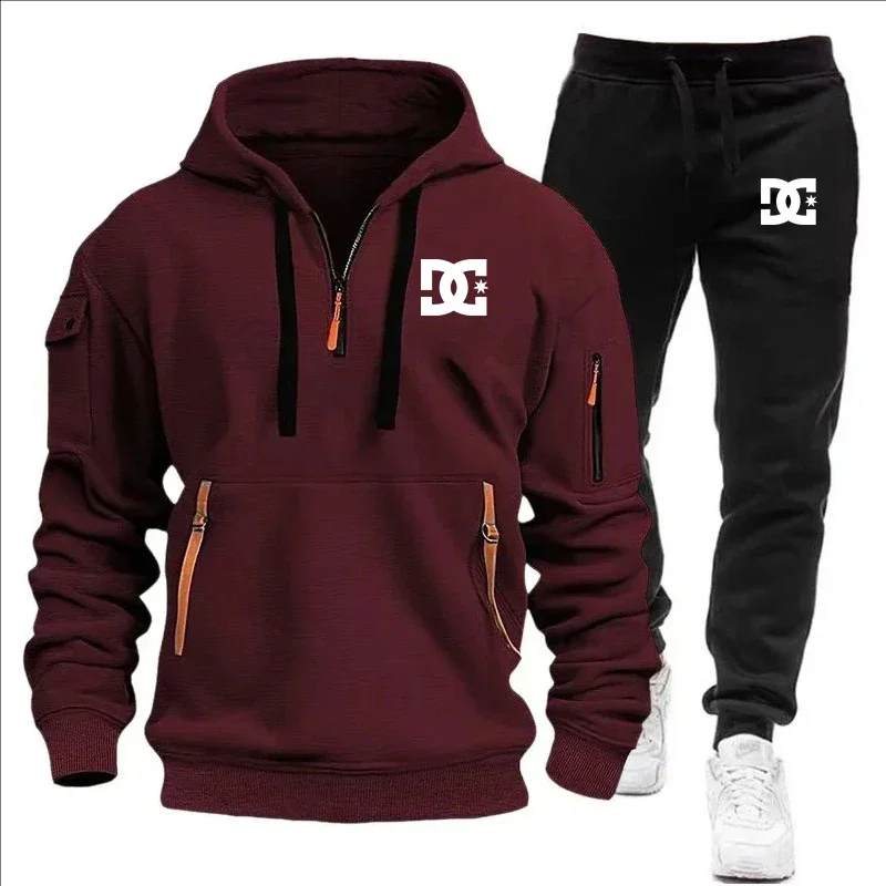 Hiking Walking Mens Cargo Tracksuit Half Zip Hooded Sweatshirt Contrast Zippers Loose Fleece Elastic Waist Jogger Pants - view 6
