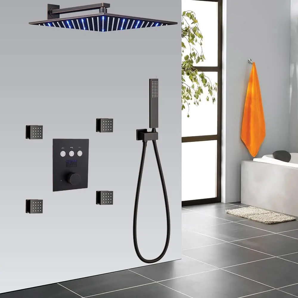 Temperature Display Thermostatic Rainfall Shower Faucet Set Black 12 Inch LED Wall Mounted Rain Shower System With 4pcs Body Jet