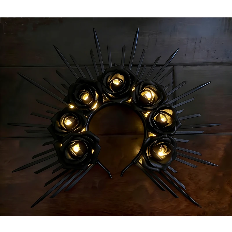 

Готическая черная светодиодная повязка на голову с розами, аксессуар для волос с шипами в виде солнечных лучей, загадочная светящаяся корона для фестивалей и темных фотосессий