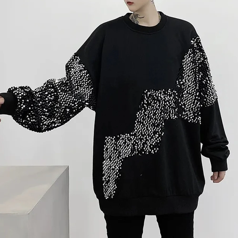 Mens Sweatshirt Dark Gothic Style Sequin Top Streetwear Fashion Campus Performance Splicing Long-Sleeve Top Men'S Clothing 2024