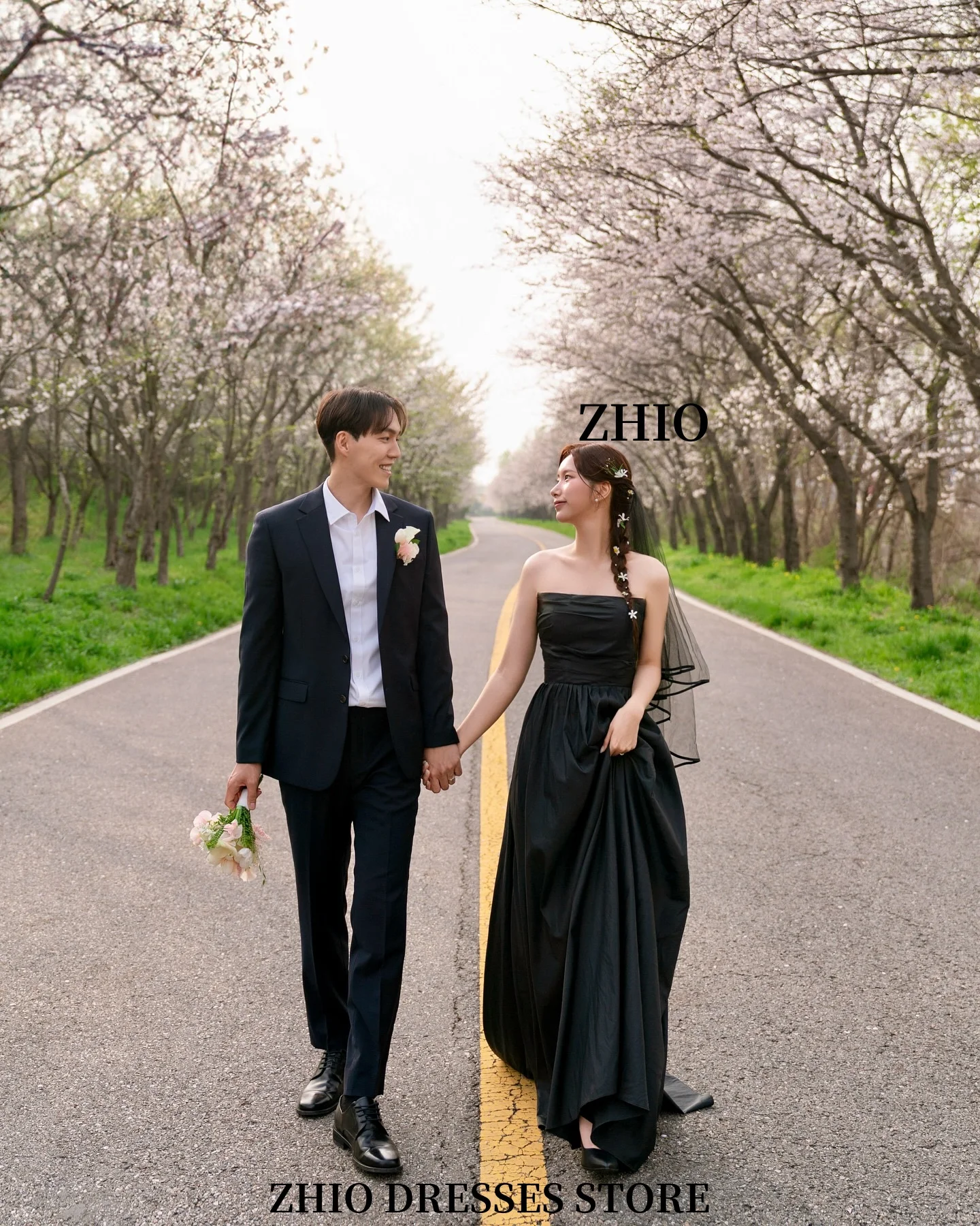 ZHIO رومانسية الشاطئ الدانتيل الأسود الزفاف صورة تبادل لاطلاق النار تول ألف خط حمالة الكورية عطلة في الهواء الطلق تنورة طويلة مخصصة