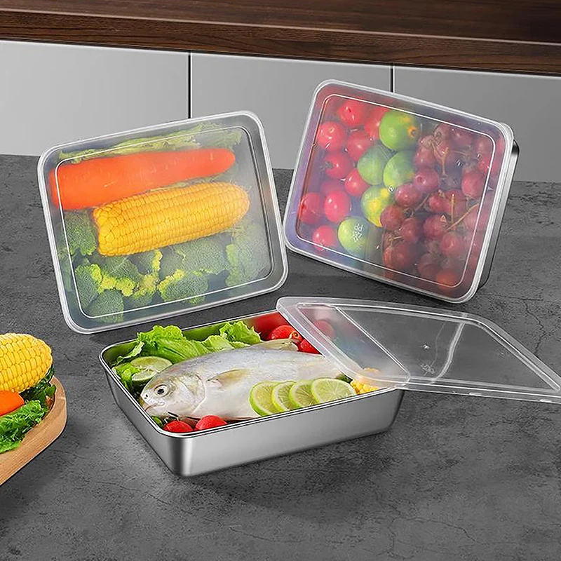 Stainless Steel Square Plate With Lid Rectangular Food Storage Pan Commercial Dish Tray Large Refreshing Lunch Box Container