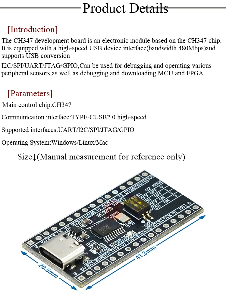 CH347T-Entwicklungsboard, Mikrocontroller-Modul mit Hochgeschwindigkeits-USB-zu-UART/I2C/SPI/JTAG/GPIO-Konvertierung – Detail 2