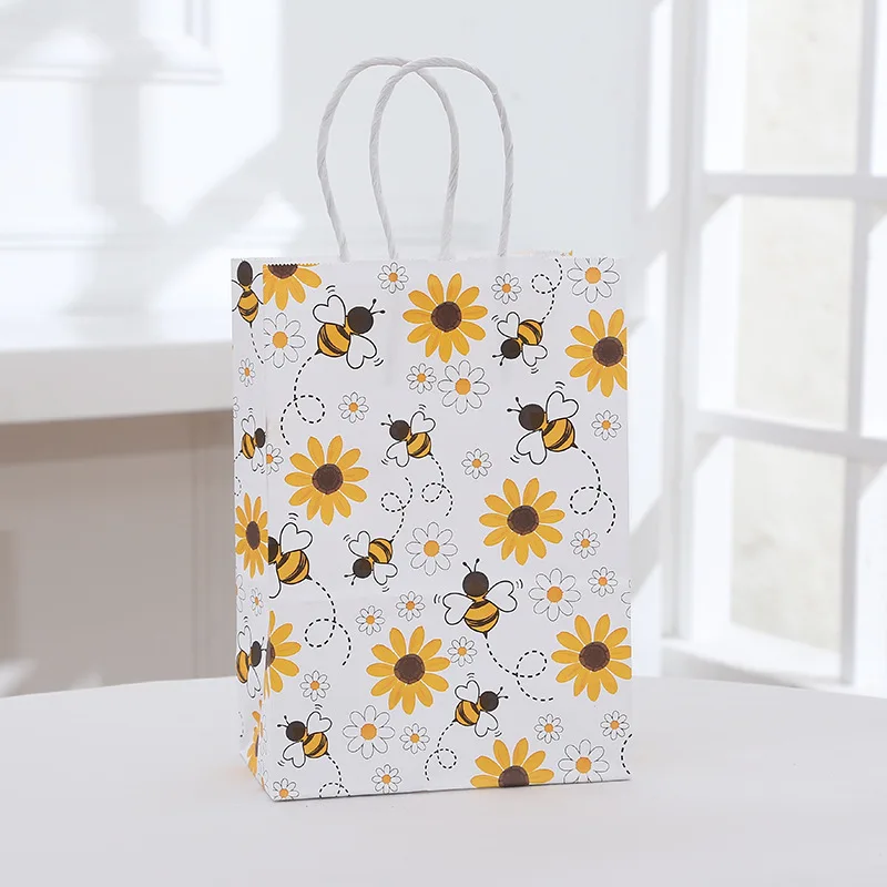 6pc Sunflower Honey Bees Theme Gift Packing Bag Paper Candy Favor Box Shopping Tote for Birthday Baby Shower Wedding Party Decor