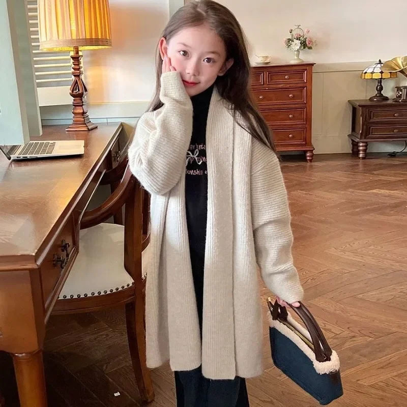Stylish Girls' Knit Cardigan Long Oversized 2025 Autumn New Baby Toddler Trendy Sweater Coat