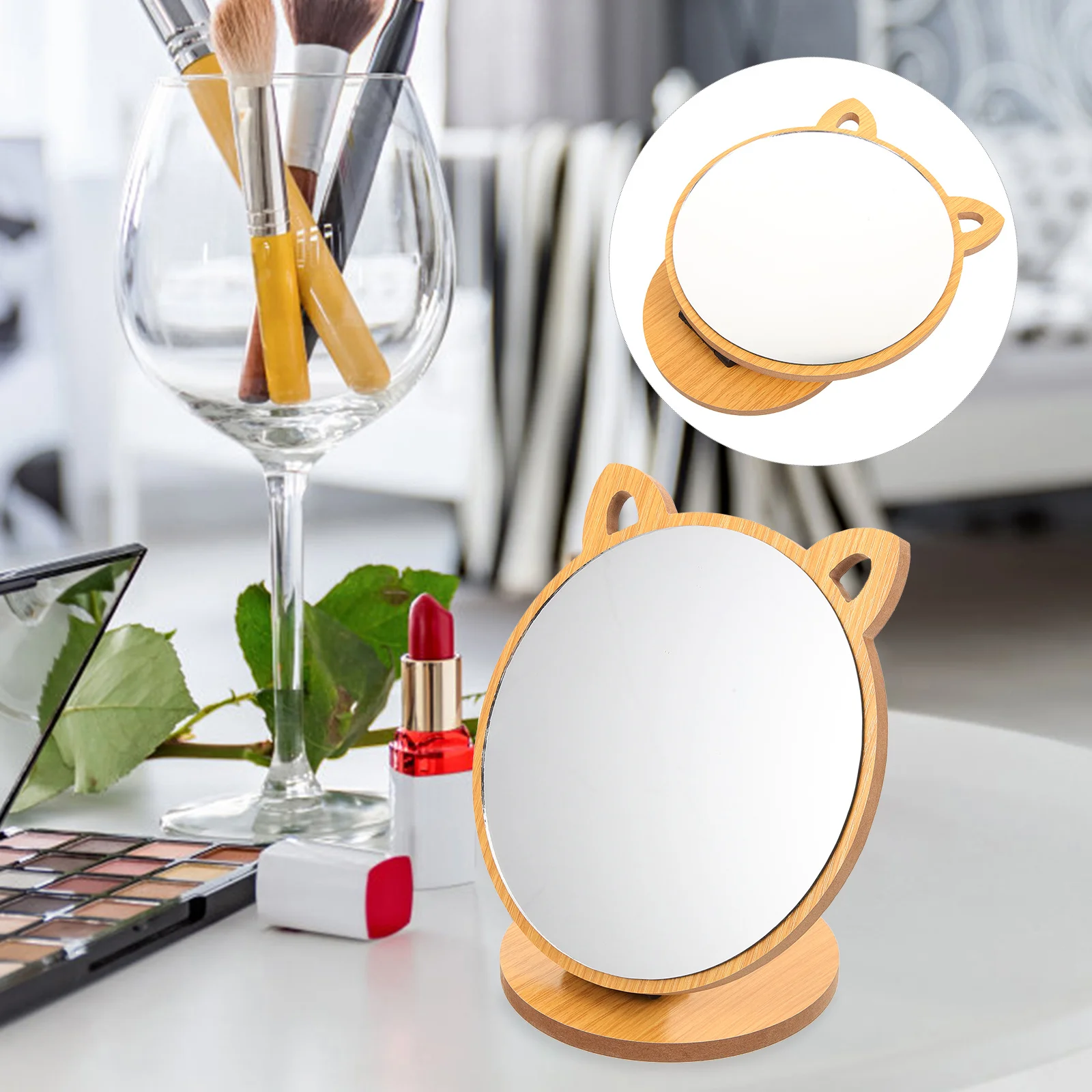 

Wooden Vanity Mirror Decor Portable Desk Makeup Mirrors Desktop Household Cute Small