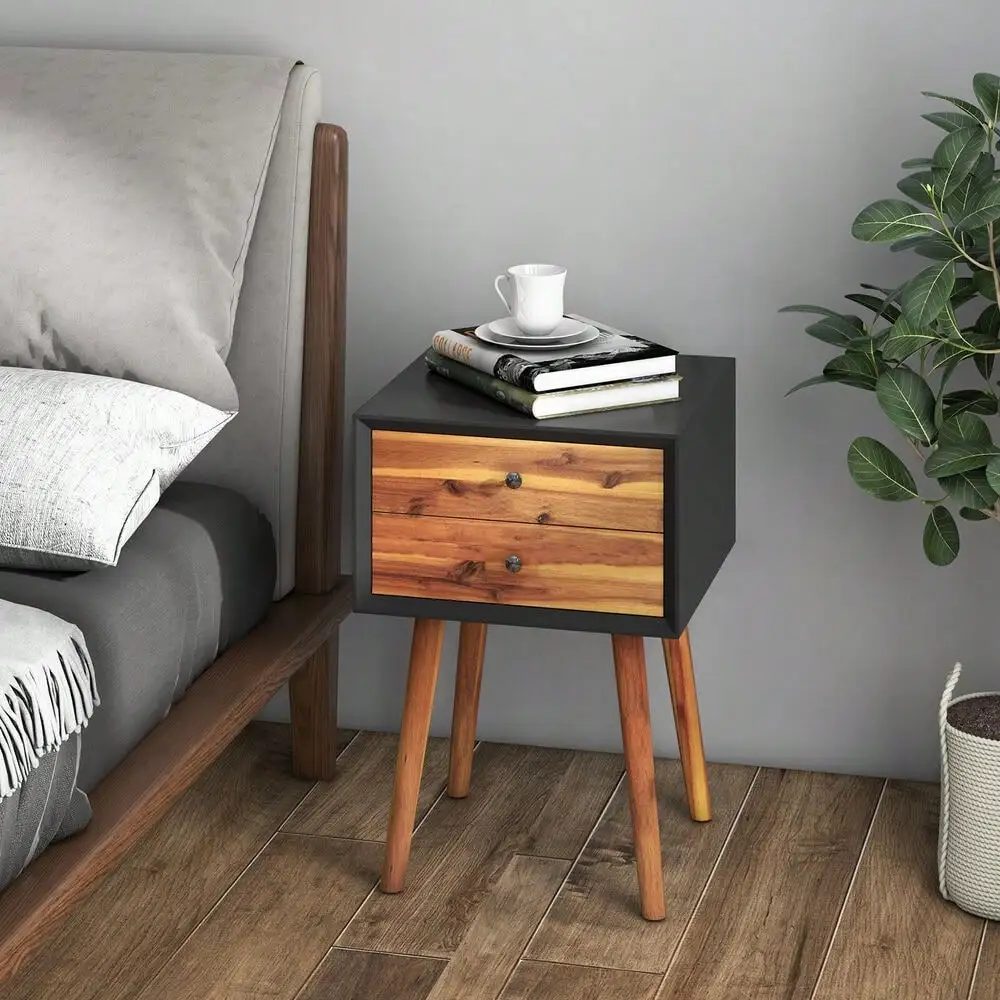 2PCS Nightstand Mid-Century End Side Table Living Room W/2 Drawer