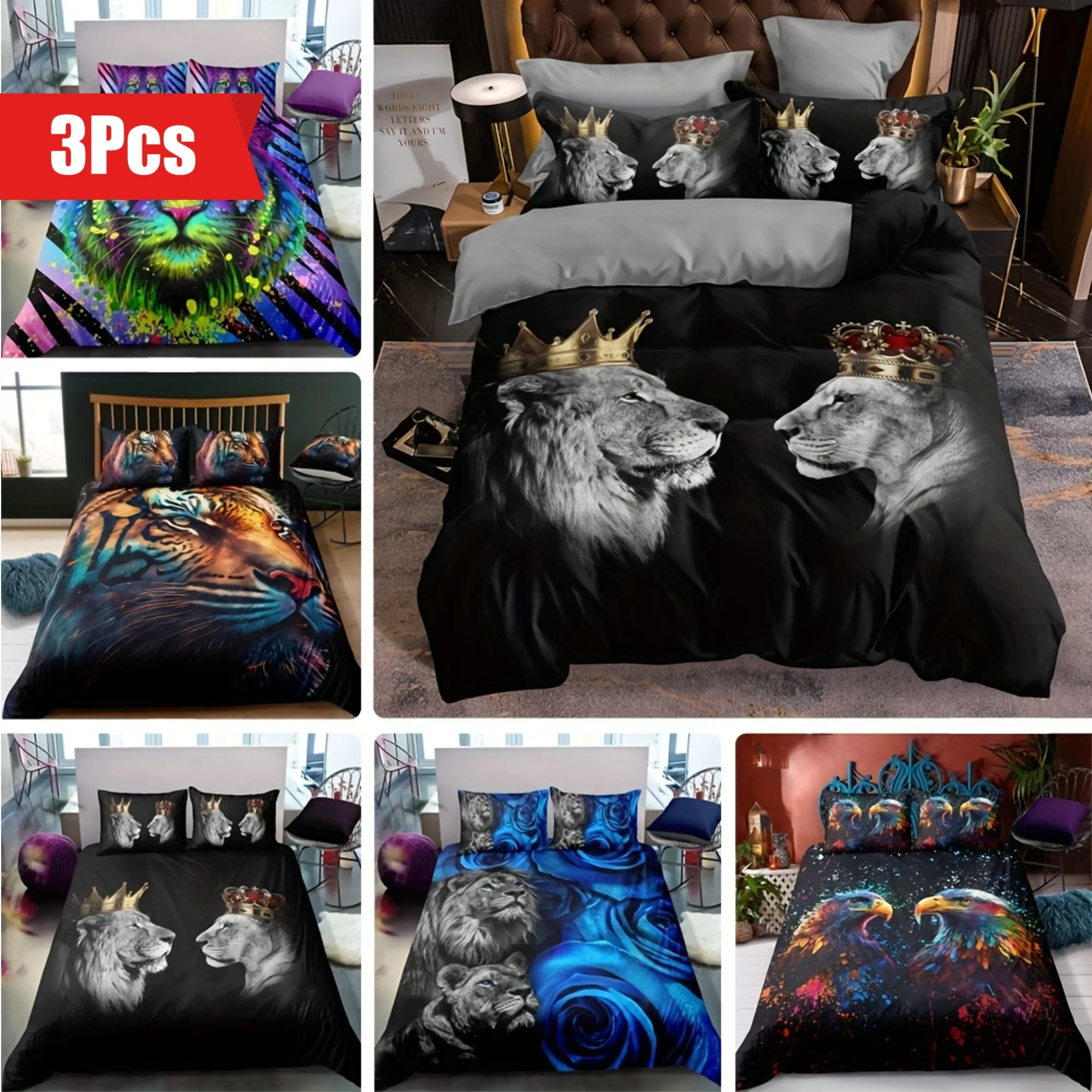 

Fashion Duvet Cover Set Lion Tiger Eagle Beast Print Bedding Set With Zipper Closure Soft Comfortable Duvet Cover For Bedroom