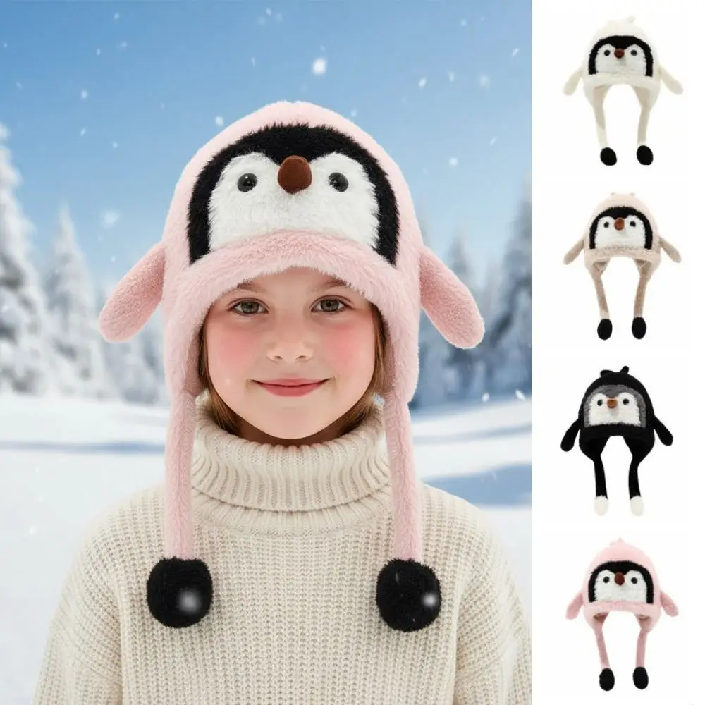 

Cute Children's Warm Hat Breathable Thickened Warmth Cartoon Penguin Balaclava Hat Pom Pom Ends Windproof Plush Penguin Hat