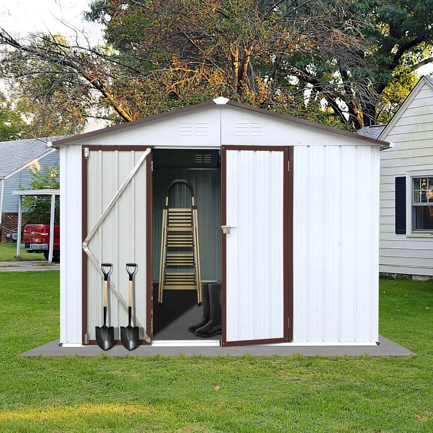 

10x8FT Metal Garden Shed w/Hinged Door,Padlock &Punched Vents,Aluminum Outdoor Storage Shed w/Eco-Friendly Painting,White-Coffee