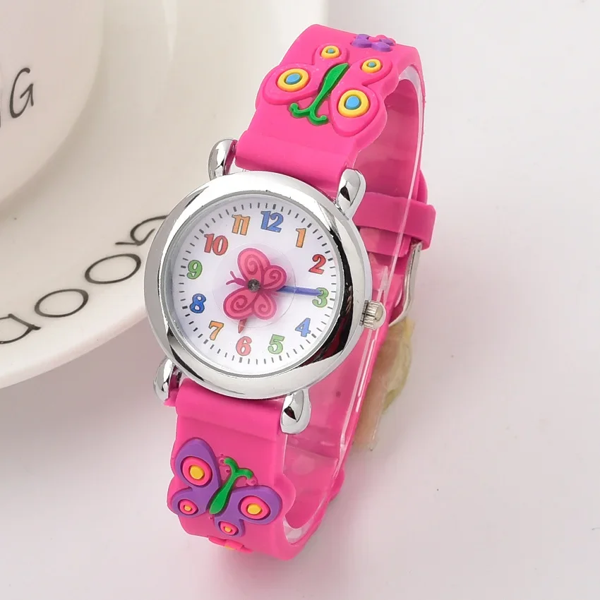 Reloj de pulsera de goma para niños y niñas, accesorio de cuarzo con diseño de mariposa de dibujos animados en 3D, colorido y bonito, ideal para