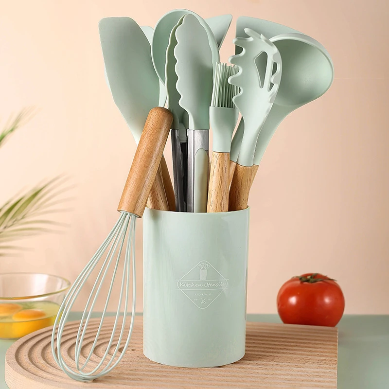 Cooking Silicone Kitchen Tool Set with Light Wood Handle 12-Piece Set non-stick Pan Brush and Fork Set Silicone