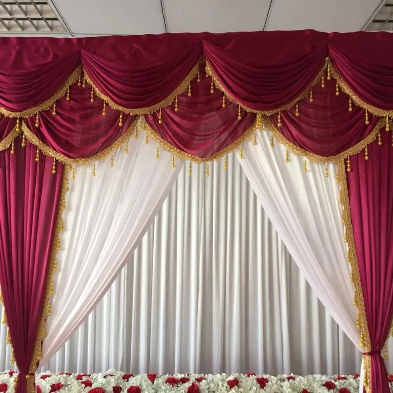 

White Ice Silk Backdrop Curtain 10ft X 10ft and Wine Red Swag Drapes with Gold Tassels for Wedding Birthday Party Decoration