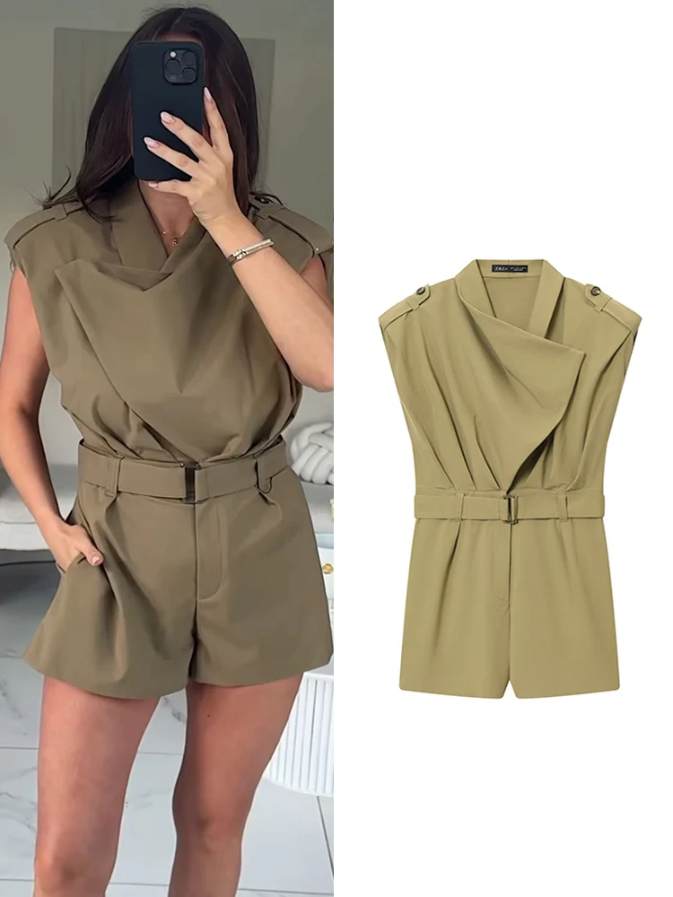 

TFMLN Women's Short Jumpsuit 2025 New Elegant Solid Sleeveless Shoulder Pad Palysuits Fashionable Casual Slim Belt Jumpsuit