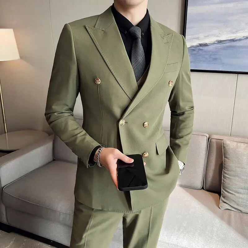 (Jackets+Pants+Vest) High-quality Men\'s Double Breasted Elegant Fashion Suits 3 Pcs Set Olive green Casual Wedding Social Tuxedo