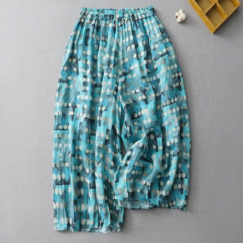 Cropped Pants Women Minimalism Summer Sale Korean Style Elastic Waist Retro Print Trousers Wide Leg Pants Casual Women Clothing