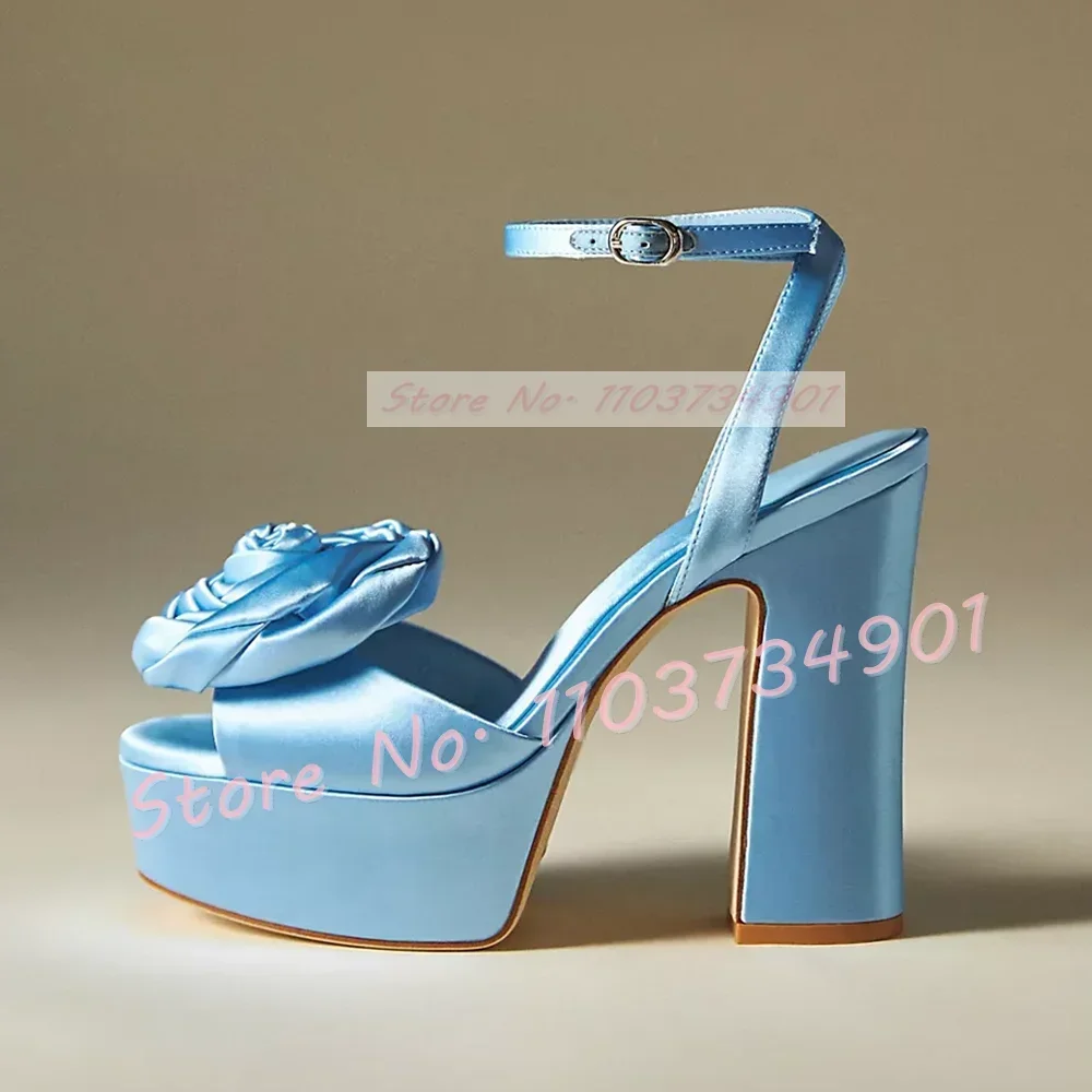 Classy Blue Rose Satin Platform Sandals Female Open Toe Block High Heels Shoes Women Party Wedding Ankle Strap Big Size Sandals