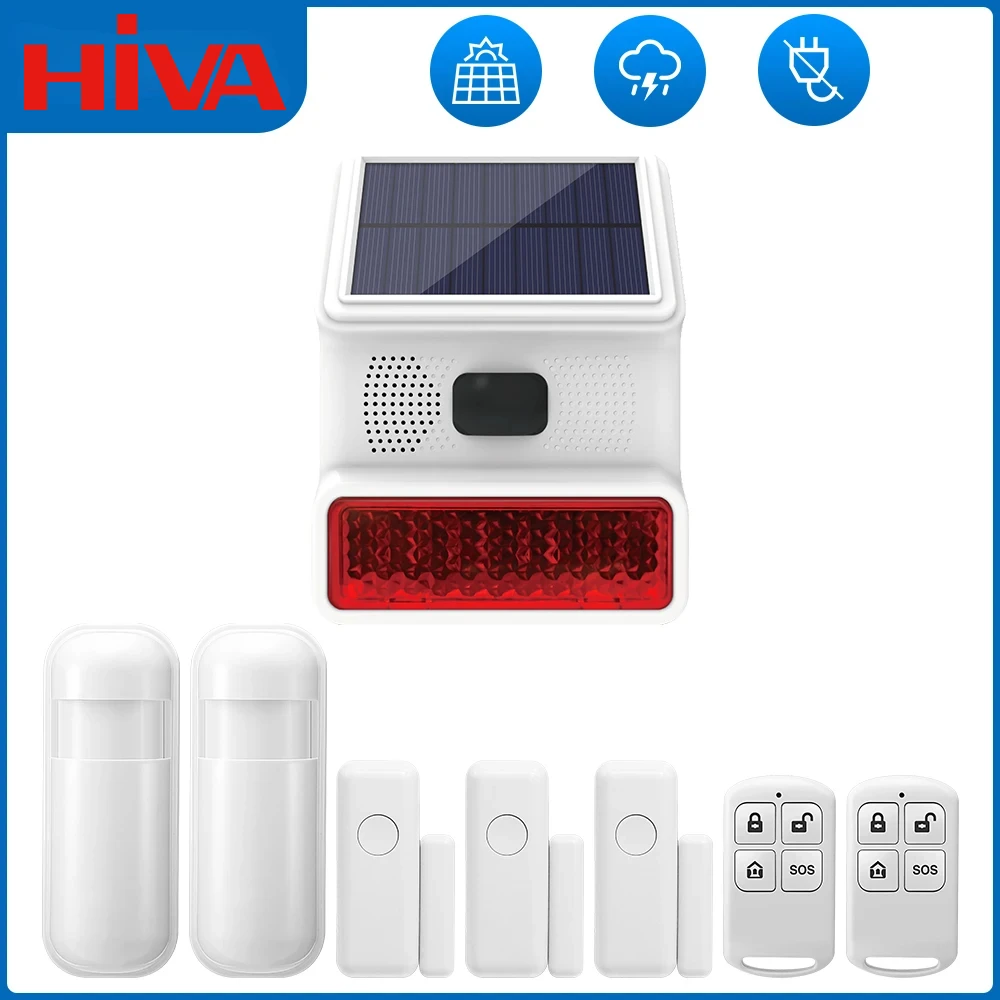 HIVA Waterproof Alarm System Wireless Radio Frequency 433MHz Outdoor Solar Strobe Light Alarm With Door Sensor Infrared Sensor