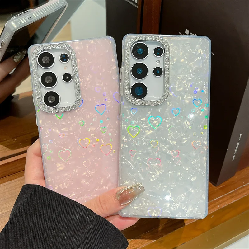 Luxus Glitter Strass Kamera Grenze Laser Liebe Herz Shell Muster Telefon Fall Für Samsung Galaxy S25 S24 FE Ultra Plus Abdeckung