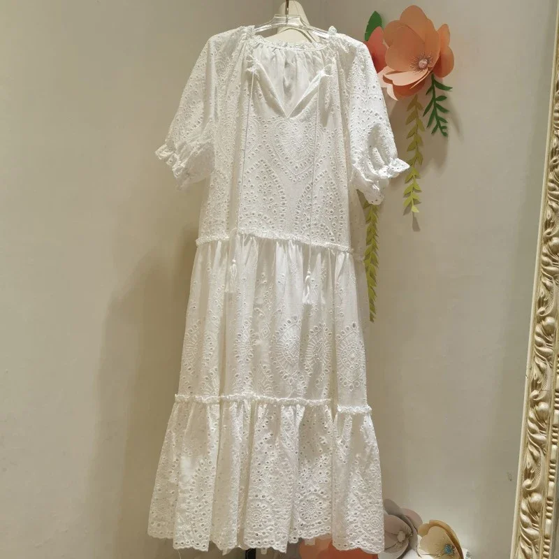 TEELYNN biała bawełniana długa koronka sukienki suknia tunika vintage, w kwiaty emboidery v neck luźna sukienka boho lato w stylu casual, damska vestidos