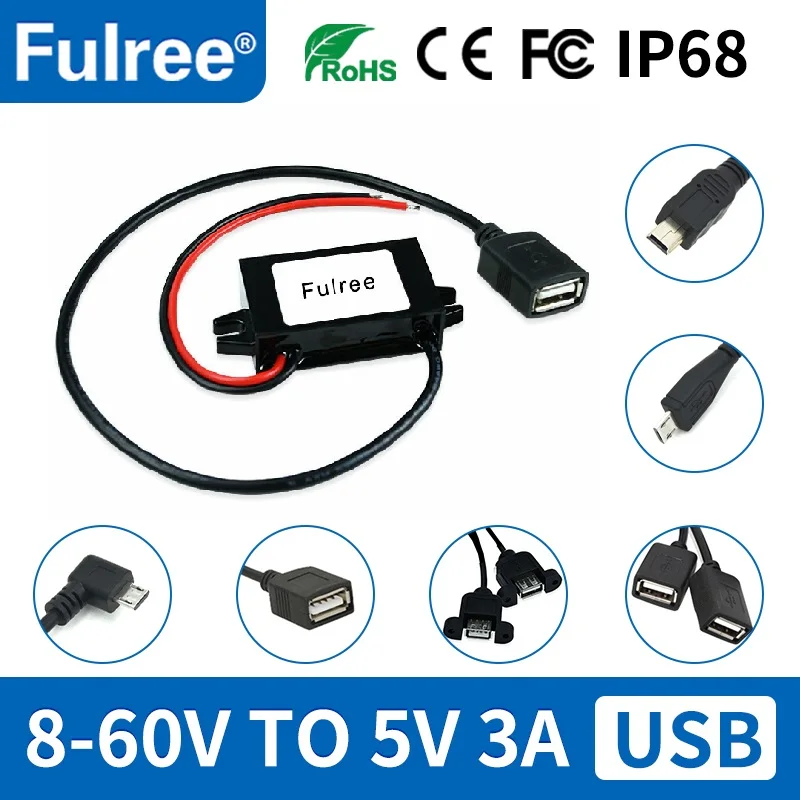 Mini Micro USB tipo C USBC, convertidor reductor de 12 V, 24V, 36V, 48V, convertidor A 5 V, 3A, cargador de teléfono para coche, CC, 12 voltios a 5