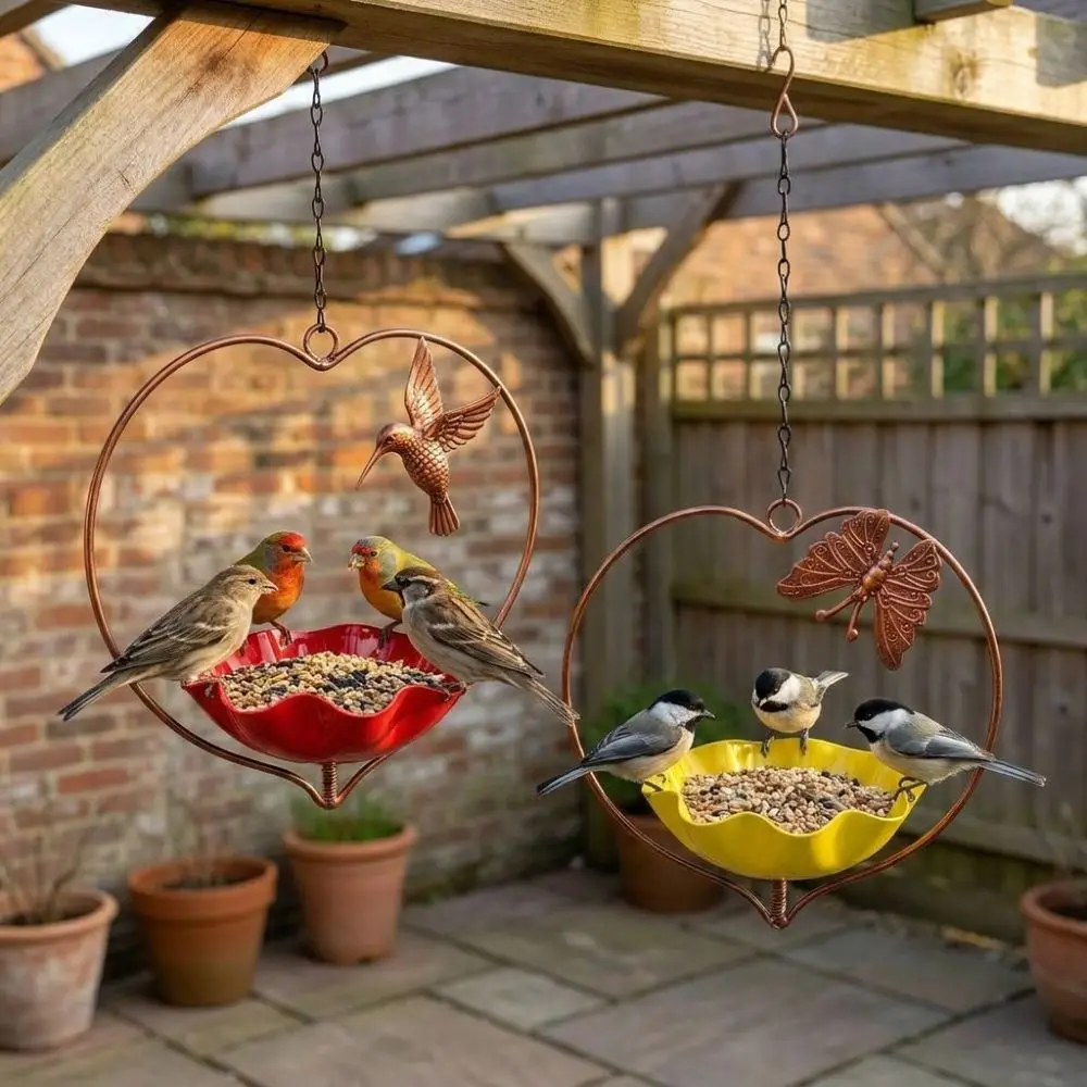 Iron Art Heart Shape Bird Feeder Large Capacity Wide-Mouth Flower Bird Water Feeder Anti-leakage Rust-resistant