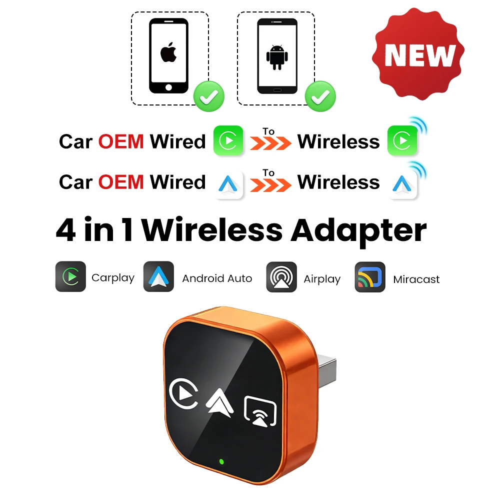 2026 4-in-1 Nieuwe Upgrade Carplay Adapter Draadloze Android Auto Mirror Link Smart Mini AI Box USB Plug and Play Auto Connect WiFi