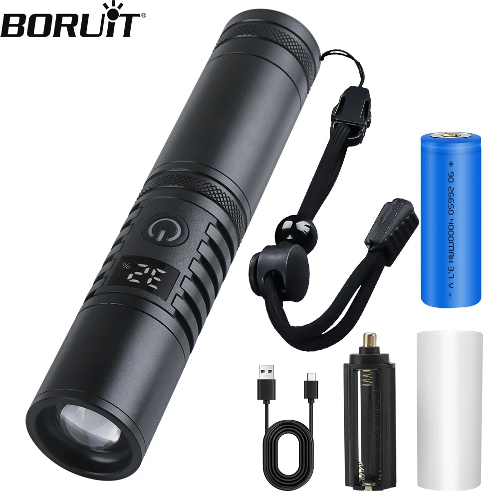 BORUiT Led Zoom Flashlight 1000LM Aluminum Alloy Tactical Hunting Torch USB Rechargeable Flash Light Use 26650 or 18650 Battery