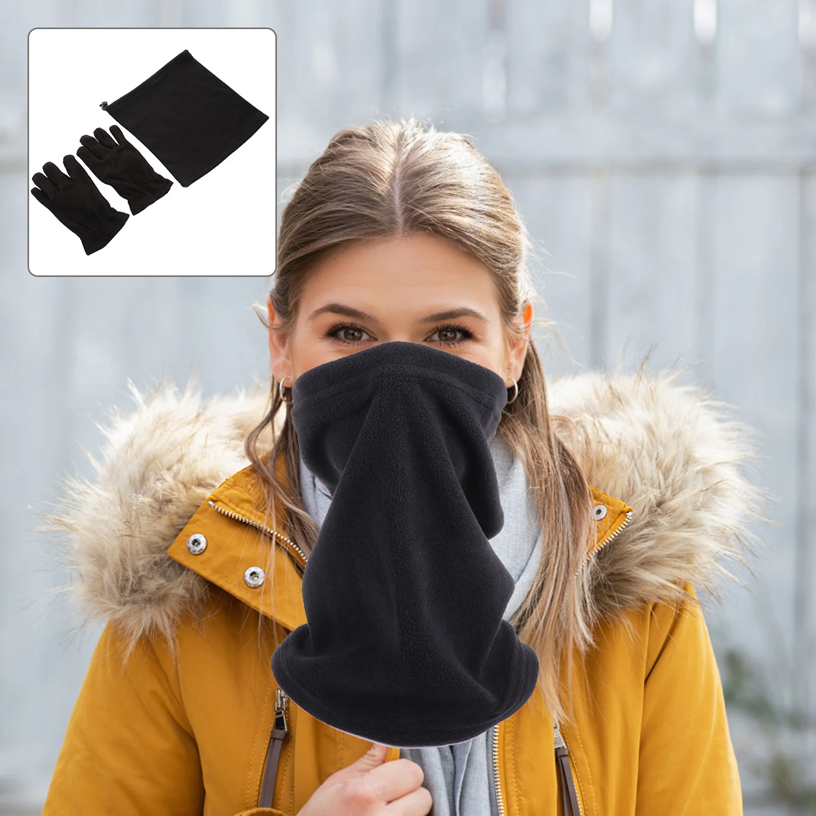 1 مجموعة قفازات دافئة وشاح بدلة حماية باردة سميكة الصوف طوق الشتاء يندبروف مجموعة الحماية الباردة الأسود متعدد الوظائف