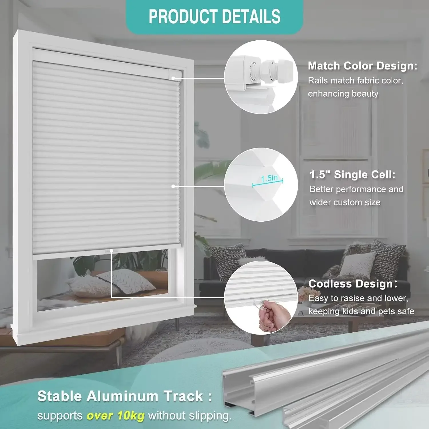 No Drill Blinds for Indoor Windows Adjustable, Cordless No Tools No Drilling Cellular Shades Color-Matched 1.5