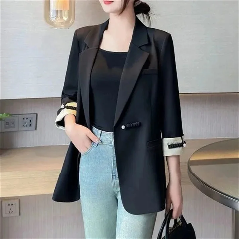 Blazer retrô três quartos de mangas para mulheres, terno justo para senhoras, jaqueta fina, tops casuais, estilo coreano, novo para primavera e verão