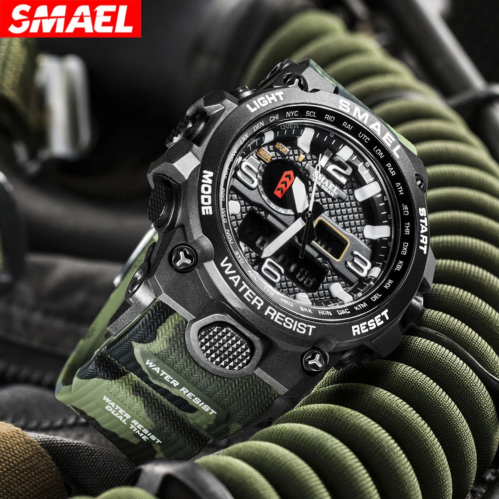 SMAEL 1545D Camo Tactical Watch Men\'s Multi functional Waterproof Night Light Alarm Clock Sports Outdoor Watch