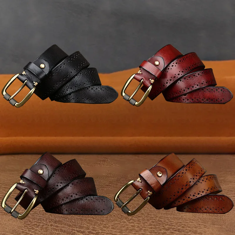 3.8cm Hollowed Out Cowhide Copper Needle Buckle Belt New Men And Women's Hunting Travel High-Quality Genuine Leather Pants Belt