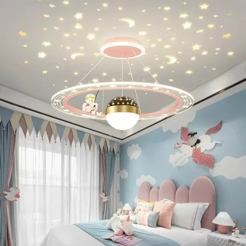 Modern Cute Astronaut Kids Pendant Light Starry Sky Projection Eye Friendly Dimmable Lamp With Remote For Bedroom Home